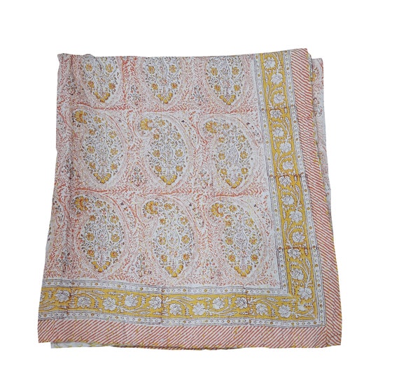 Orange Hand Block Print Kantha Quilt - Handmade Indian Cotton Bedspread