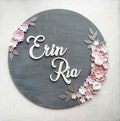 Custom baby girl wooden circle name signs - First middle baby name sign - Girls flower letter - Unique new baby gift - Pallet name sign product logo