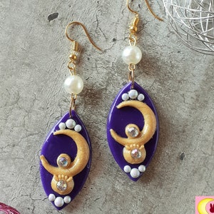 Purple Moonstick scepter earrings Magical girl Princess Serenity handmade moon stick cold porcelain usagi otaku kawaii