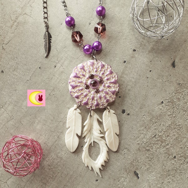 Collier Sautoir Purple Spirit Attrape-rêves en porcelaine froide style ethnique amérindien fleurs dreamcatcher plume porte-bonheur talisman