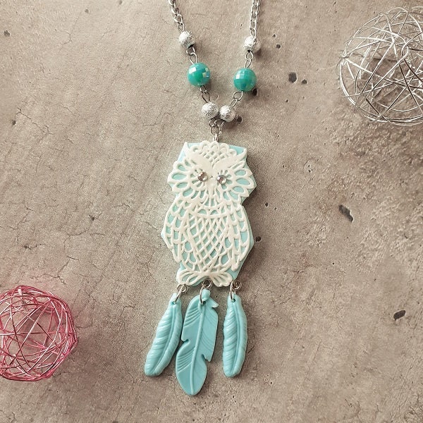 Collier Attrape-rêves Blue Owl en porcelaine froide chouette hibou forêt bleu turquoise blanc plumes attrape rêve dreamcatcher amérindien