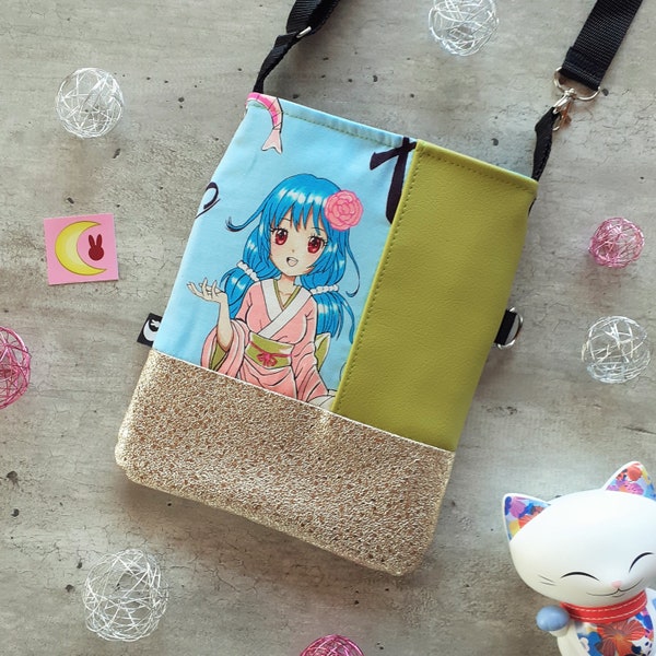 Petit sac à main porté en bandoulière Blue Manga Girl petit format kawaii mignon idée cadeau fan japon maneki neko convention été girly
