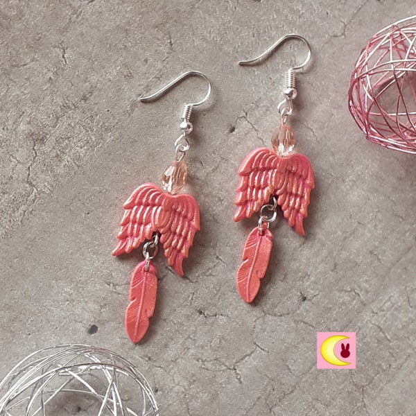 Boucles d'oreilles Angel Plum Catcher attrape plume rose mordoré métal argenté