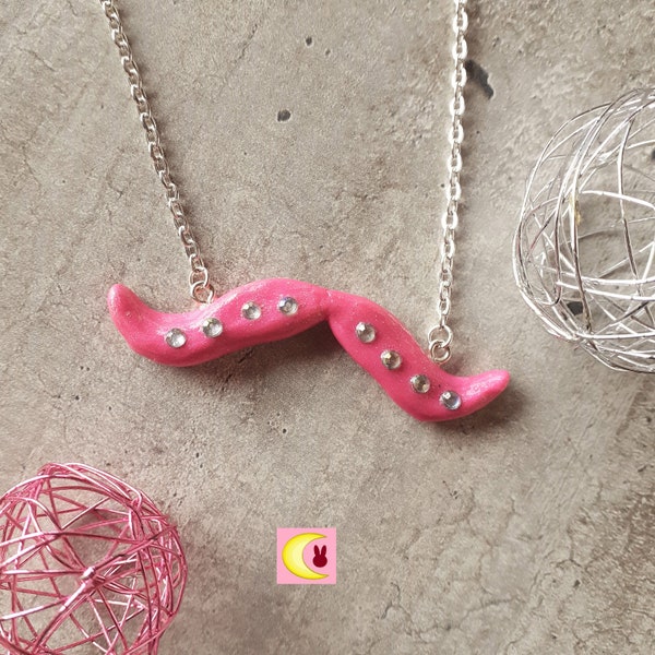 Collier Pink Moustache rose strass métal argenté idée cadeau dandy chic humoristique rigolo porcelaine froide fait main haute savoie france