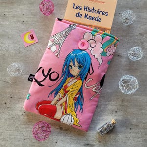 Custodia per libri trapuntata Ragazza manga rosa Buste per libri Formato A5 tascabile fatta a mano idea regalo da viaggio copertura protettiva per il trasporto