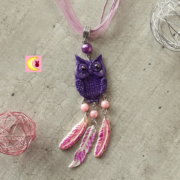 Collier Attrape-rêves Purple Owl en porcelaine froide chouette hibou fait main violet blanc mauve rose plume cordon organza dreamcatcher