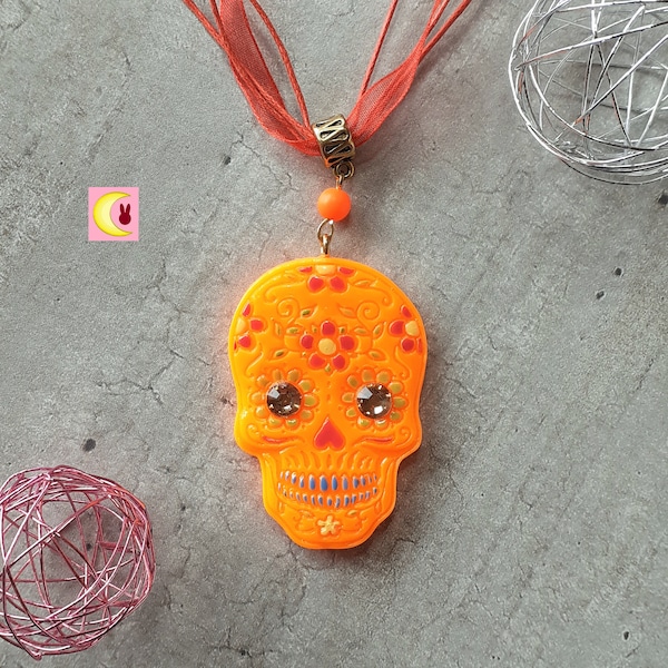 Collier Orange Muerte Dia de los Muertos Fête Mexique en porcelaine froide Halloween fluo Cordon rouge organza coton réglable Mexique