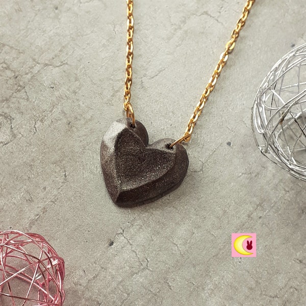 Collier Copper Heart cœur couleur bronze en porcelaine froide forme pierre précieuse gemme cristal métal doré coeur St Valentin Amour