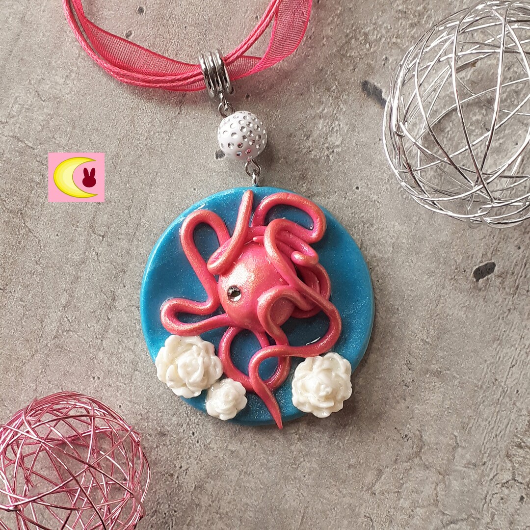 Collar Flor Kraken porcelana fría Pulpo Pulpo turquesa brillo rosa