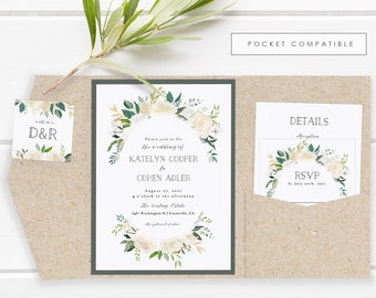 Rustic Flower Printable Wedding Invitation Template, Pocket Wedding Invitation Set, DIY Wedding Cards, TEMPLETT, Cream Watercolor #sb004wi