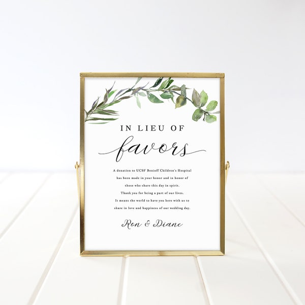 Greenery In Lieu of Favors Sign, Wedding Donation Card Template, Printable Wedding Sign, Modern Elegant Wedding, TEMPLETT #sd002ilf