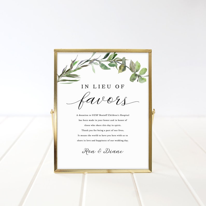 Greenery in Lieu of Favors Sign Wedding Donation Card Etsy