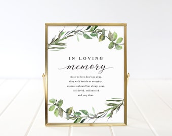 Greenery In Loving Memory Sign Template, Printable In Loving Memory Sign, Wedding Sign Memorial Table Sign TEMPLETT Fully Editable #sd002ilm