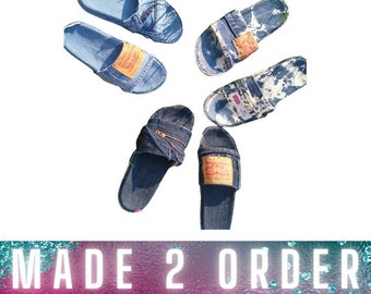 Denim slides /denim sandals / /blue jean/ custom  \Patchwork/upcycled/slip on//festival/sandals/levi/jean\blue/flip flop\women \men\shoes