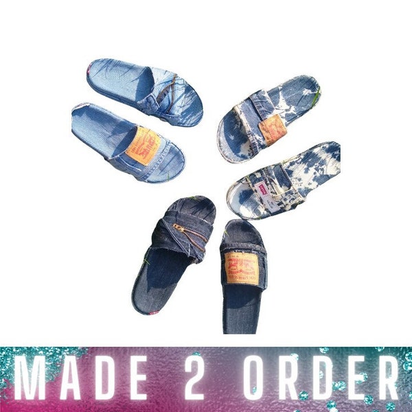 Denim slides /denim sandals / /blue jean/ custom  \Patchwork/upcycled/slip on//festival/sandals/levi/jean\blue/flip flop\women \men\shoes