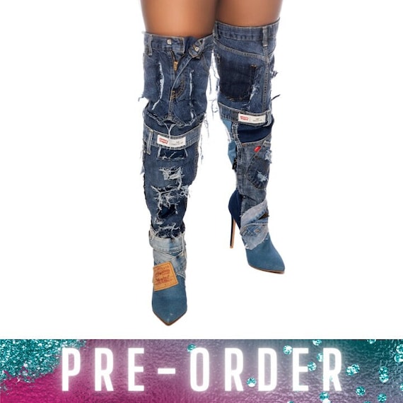 Boots knee Boots denim jean heels over the Knee thigh High distress Denim blue jean Boots shoes unique women Boots men Boots denim Boots Etsy