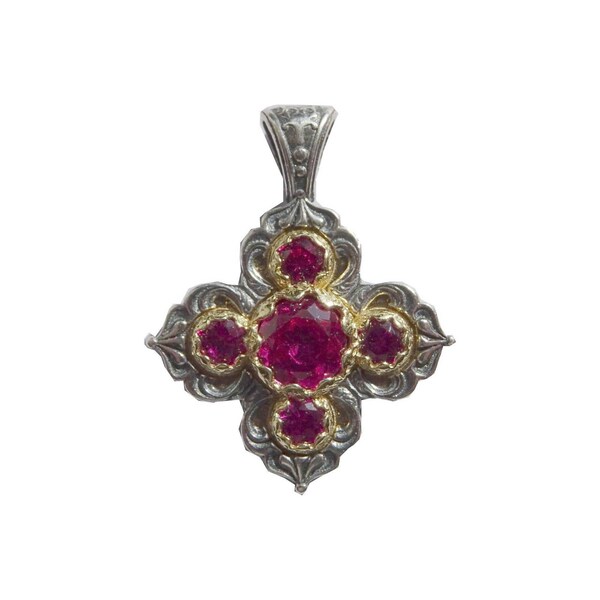 Pendentif croix byzantine avec Cristaux CZ Rubis en argent 925 Estampillé et plaqué or