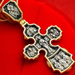 Russian Orthodox Cross Archangels, Saints, Mother of God in Silver and 24 carat Gold DM108