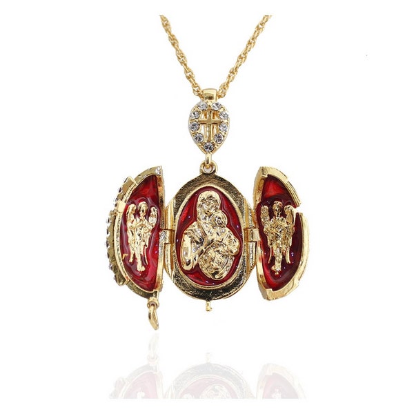 Red Fabergé Style Egg Pendant "Virgin and Child" Opening in 3 Parts
