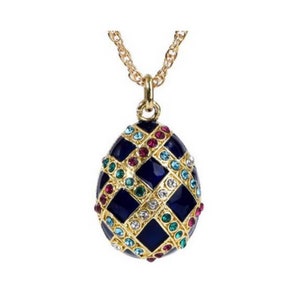 Fabergé Style Egg Pendant Blue Checkerboard Multicolor Crystals CZ and Chain