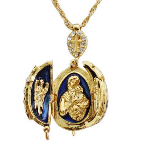 Blue Fabergé Style Egg Pendant "Virgin and Child" Opening in 3 Parts