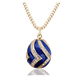 Blue Fabergé Egg Style Pendant with Crystal Ripples and its chain.