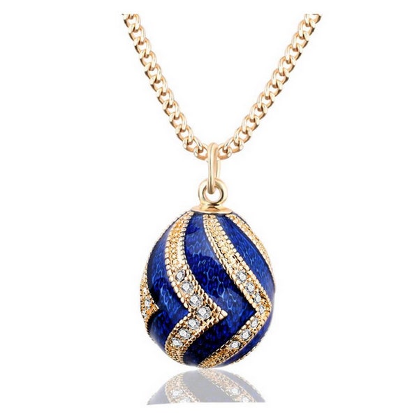 Pendentif Style Oeuf de Fabergé Bleu Ondulations de Cristaux et sa chaîne.