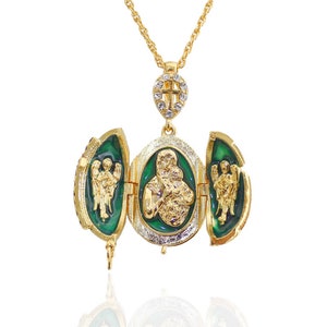 Green Fabergé Style Egg Pendant "Virgin and Child" Opening in 3 Parts