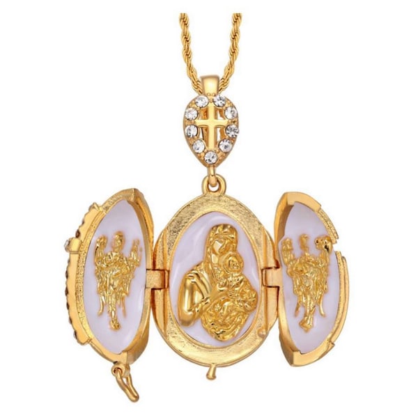 White Fabergé Style Egg Pendant "Virgin and Child" Opening in 3 Parts