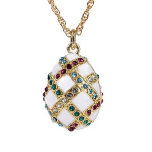 Fabergé Style Egg Pendant White Checkerboard Multicolor Crystals CZ and Chain