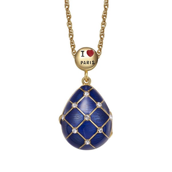 Pendentif Oeuf Style Fabergé Blanc "I Love Paris" ouvrant sur Tour Eiffel Cristaux Losange avec chaîne 3 couleurs