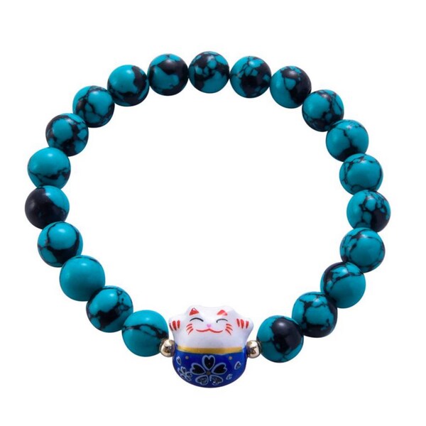 Bracelet Chat Porte Bonheur Chance Japonais Maneki Neko. Perles en verre et céramique. 18 cm Extensible Poignet. Turquoise Marbré.