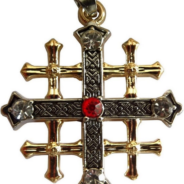 Religion Chrétienne Rare Copie Croix de Jérusalem Période médiévale avec Cabochons en acier 2 tons et Chaîne serpent.