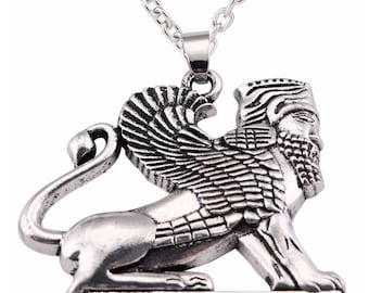 Homa Winged Lion Pendant in Persian (Griffon) Persian Empire. Silver Tone Steel Pendant and Chain. Very pretty piece.