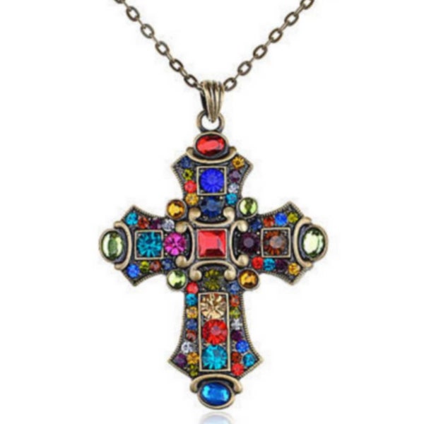 Large medieval-inspired pectoral cross with crystals and chain