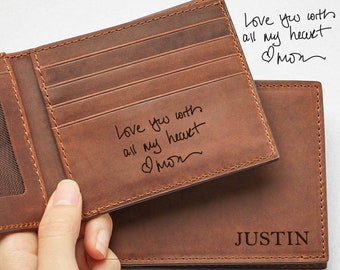 Cartera para hombre, Cartera de piel auténtica, Regalo para él, Cartera plegable personalizada, Cartera grabada, Cartera escrita a mano
