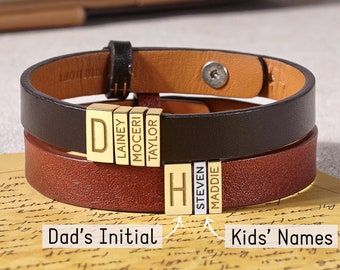 Aangepaste leren herenarmband met kindernaam, naamarmband voor vader, cadeau voor mannen, familienaamarmband, cadeau voor echtgenoot, leren sieraden