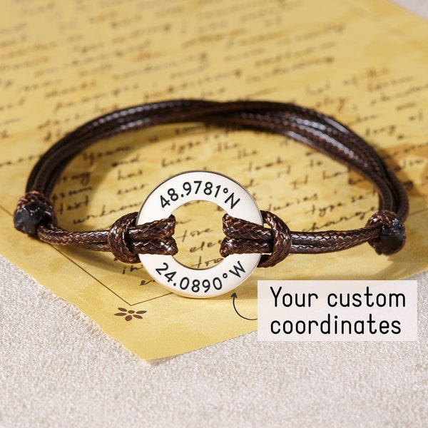 Coordinates Gift, Birthday Gift for Men, Bracelet With Coordinates, Coordinate Jewelry, Leather Bracelet For Him, Gifts For Men