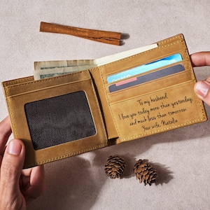 Cartera personalizada para hombre, regalo para el Día del Padre, regalo para el esposo, cartera de cuero genuino, cartera grabada para hombre, regalo de aniversario para su novio.