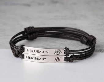 His Beauty Her Beast Leather Engraved Braided Couples Bracelet Set