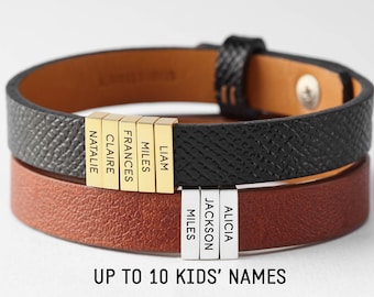 Custom Family Name Bracelet, Fathers Day Gift For Husband, Leather Dad Bracelet, Dad Bracelet With Kids Names, Name Bracelet For Dad