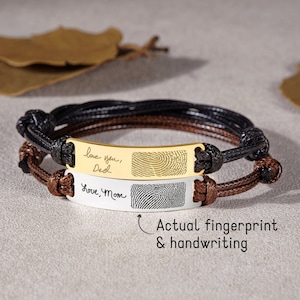 Fingerprint Bracelet, Actual Handwriting Bracelet, Leather Bracelet for Men, Memorial Jewelry for Loss of Mom, Remembrance Gift