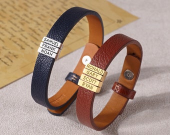 Aangepaste gegraveerde leren armband voor vader, beste vadercadeau, cadeau voor mannen, kindernamenarmband, echtgenoot cadeau van vrouw, kindernaamarmband