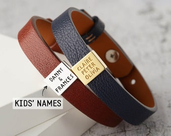 Dad Bracelet with Kids Names, Gift From Daughter for Dad, Personalized Mens Leather Bracelet, Father Gift from Son, Dad Gifts