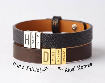 Personalized Dad Bracelet, Fathers Day Presents, Fathers Bracelet With Family Name, Kids Name Bracelet, Dad Jewelry, Leather Dad Bracelet