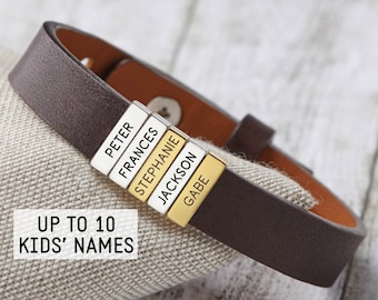 Aangepaste kindernamen armband voor vader, leren herensieraden, cadeau voor man, gepersonaliseerd cadeau voor vader, kindernaamarmband, papa-armband