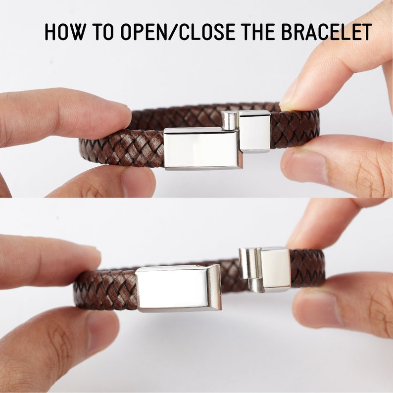 Puede incluir: C&oacute;mo abrir y cerrar una pulsera de cuero marr&oacute;n con un cierre magn&eacute;tico plateado. La pulsera se muestra en dos posiciones, cerrada y abierta.
