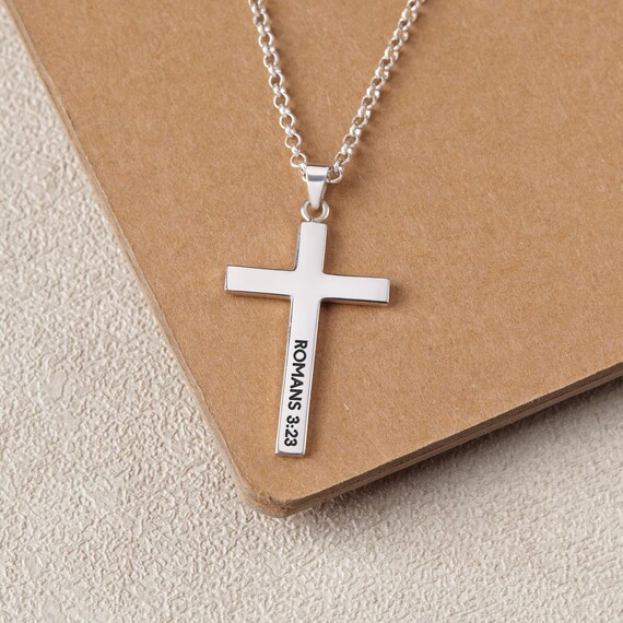 Cross Necklace Men Silver Engraved Bible Verse Necklace