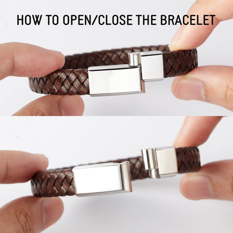 Puede incluir: Una pulsera de cuero trenzado marr&oacute;n con un cierre plateado. La imagen muestra c&oacute;mo abrir y cerrar la pulsera. El texto "HOW TO OPEN/CLOSE THE BRACELET" est&aacute; en la parte superior de la imagen.