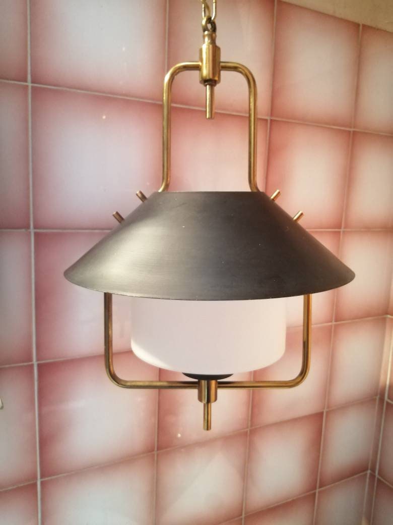 1950's Mid-Century Opaline Milk Glass, Metal & Brass Boat Lantern/Fifties Ceiling Chandelier Arlus, 